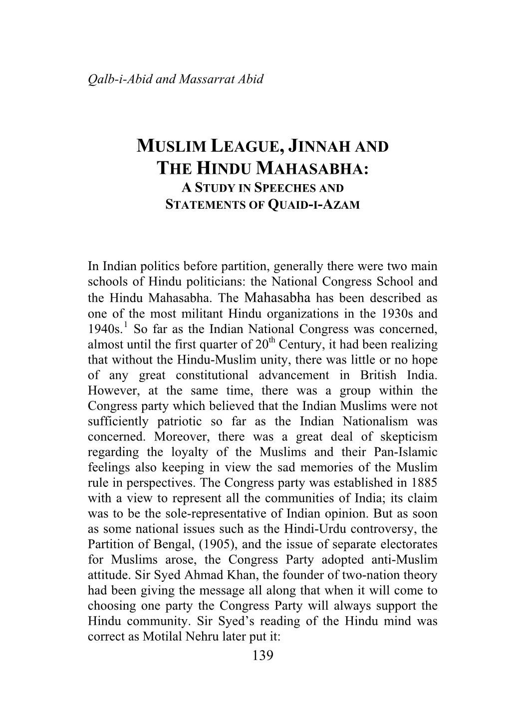 Muslim League, Jinnah and the Hindu Mahasabha: a Study in Speeches and Statements of Quaid-I-Azam