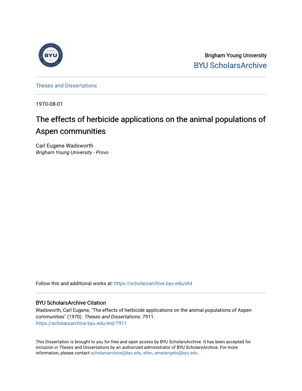 The Effects of Herbicide Applications on the Animal Populations of Aspen Communities