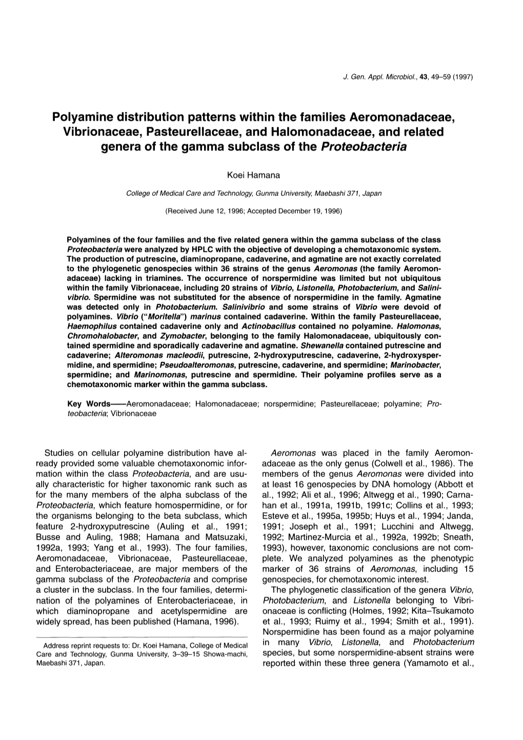 Polyamine Distribution Patterns Within the Families Aeromonadaceae