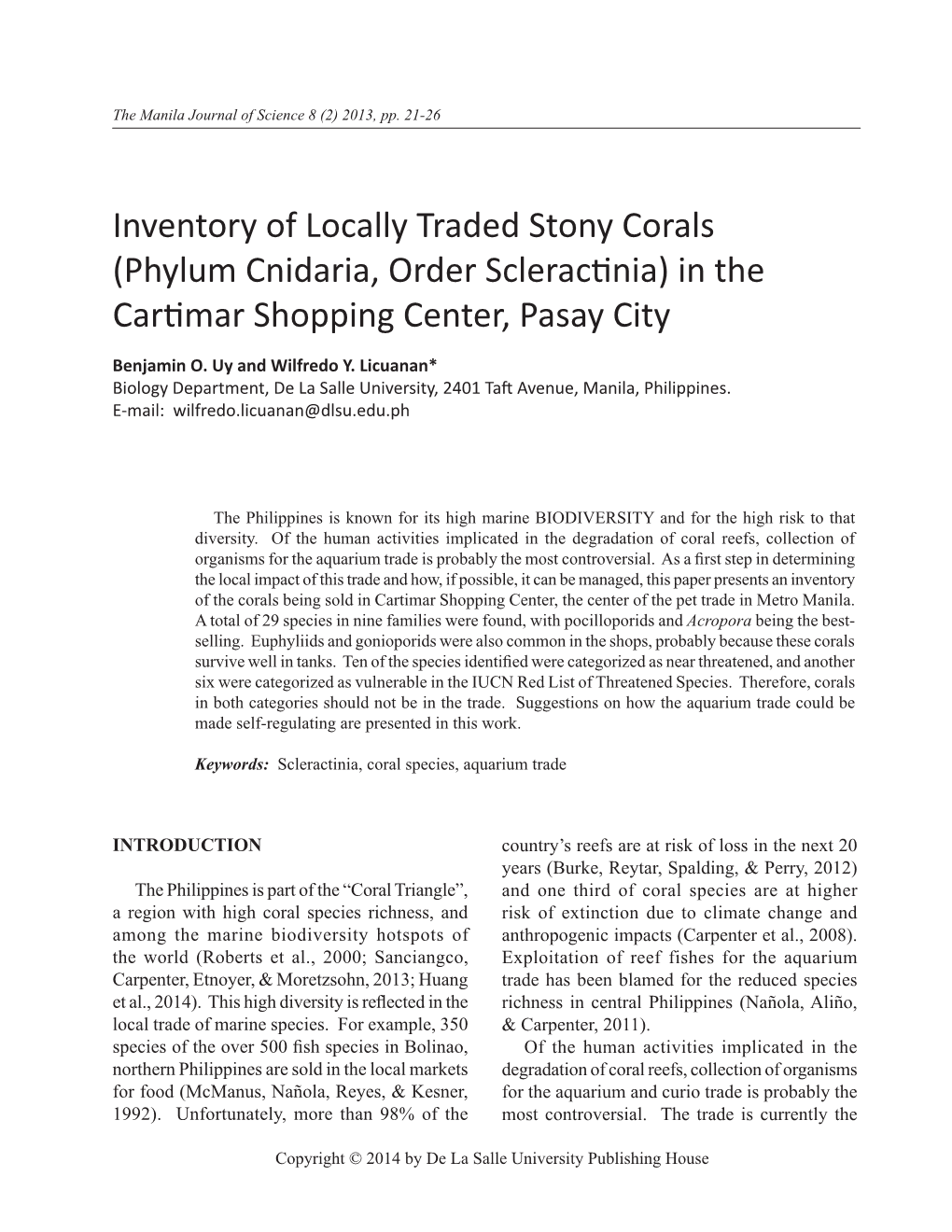 Inventory of Locally Traded Stony Corals (Phylum Cnidaria, Order Scleractinia) in the Cartimar Shopping Center, Pasay City