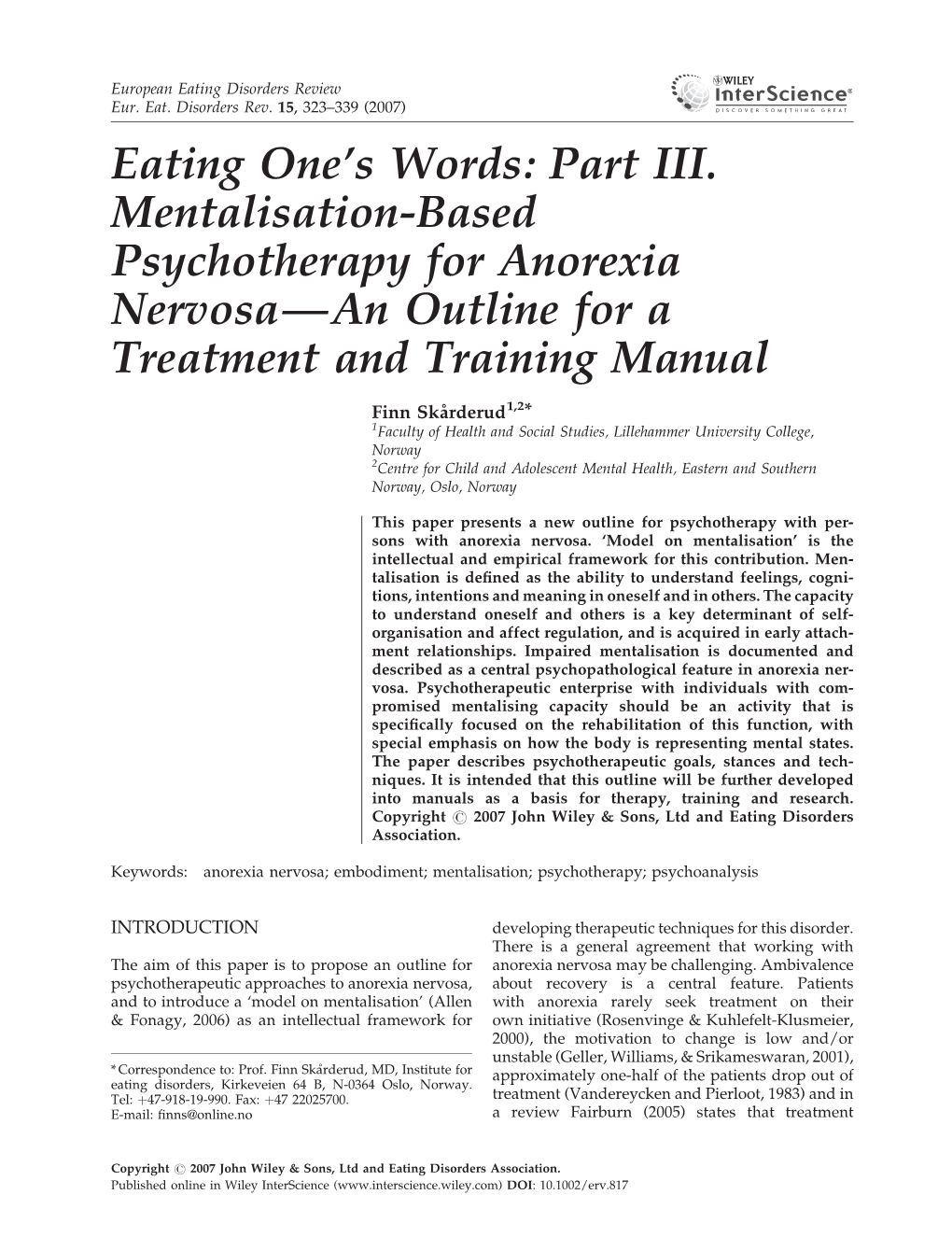 Eating One's Words: Part III. Mentalisation-Based Psychotherapy