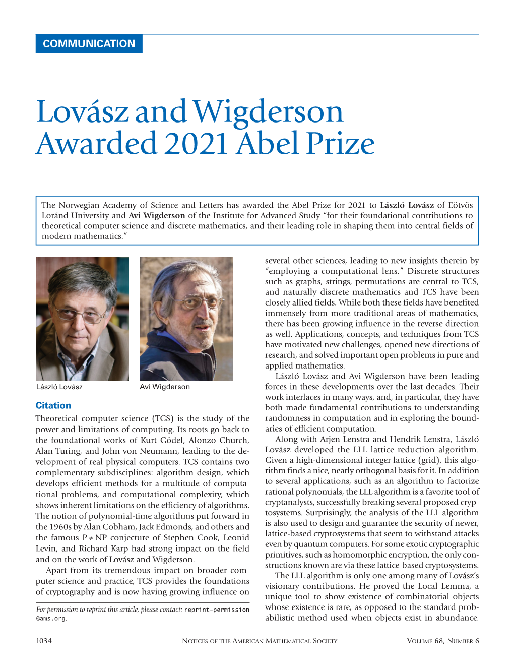 Lovász and Wigderson Awarded 2021 Abel Prize