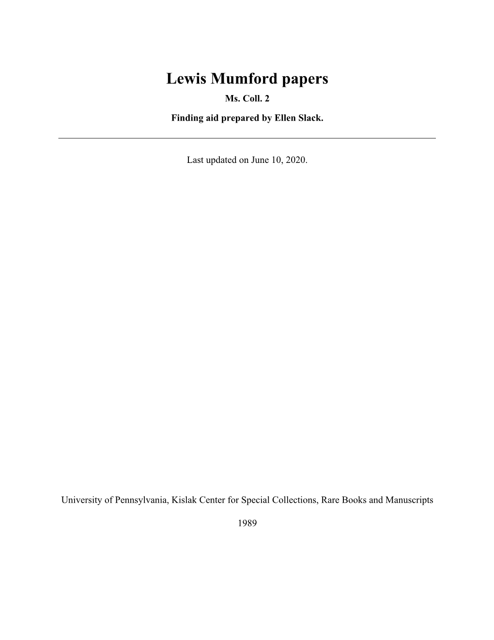 Lewis Mumford Papers Ms