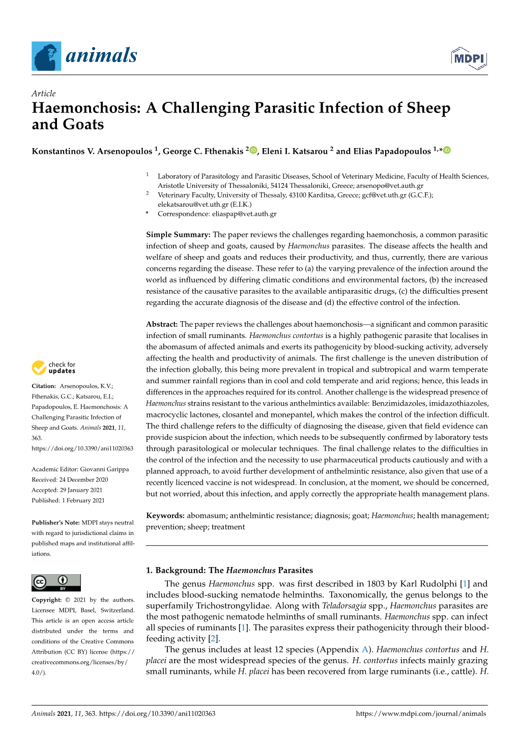 Haemonchosis: a Challenging Parasitic Infection of Sheep and Goats