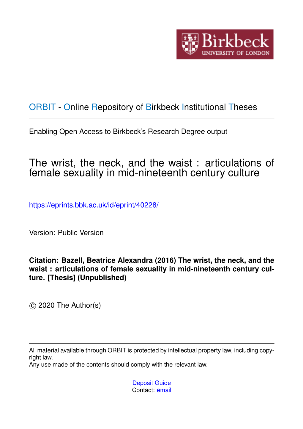 The Wrist, the Neck, and the Waist : Articulations of Female Sexuality in Mid-Nineteenth Century Culture