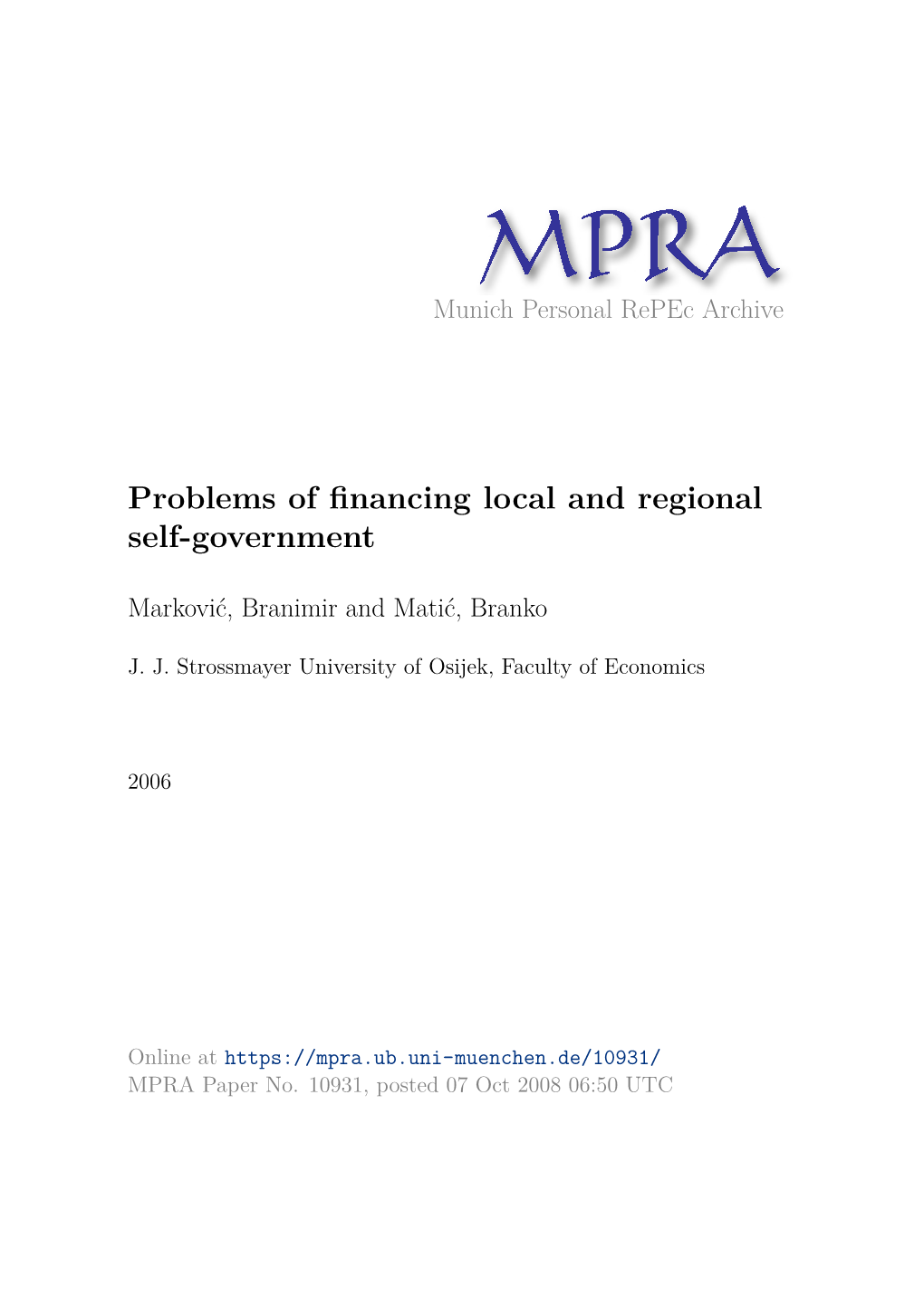 Problems of Financing Local and Regional Self-Government