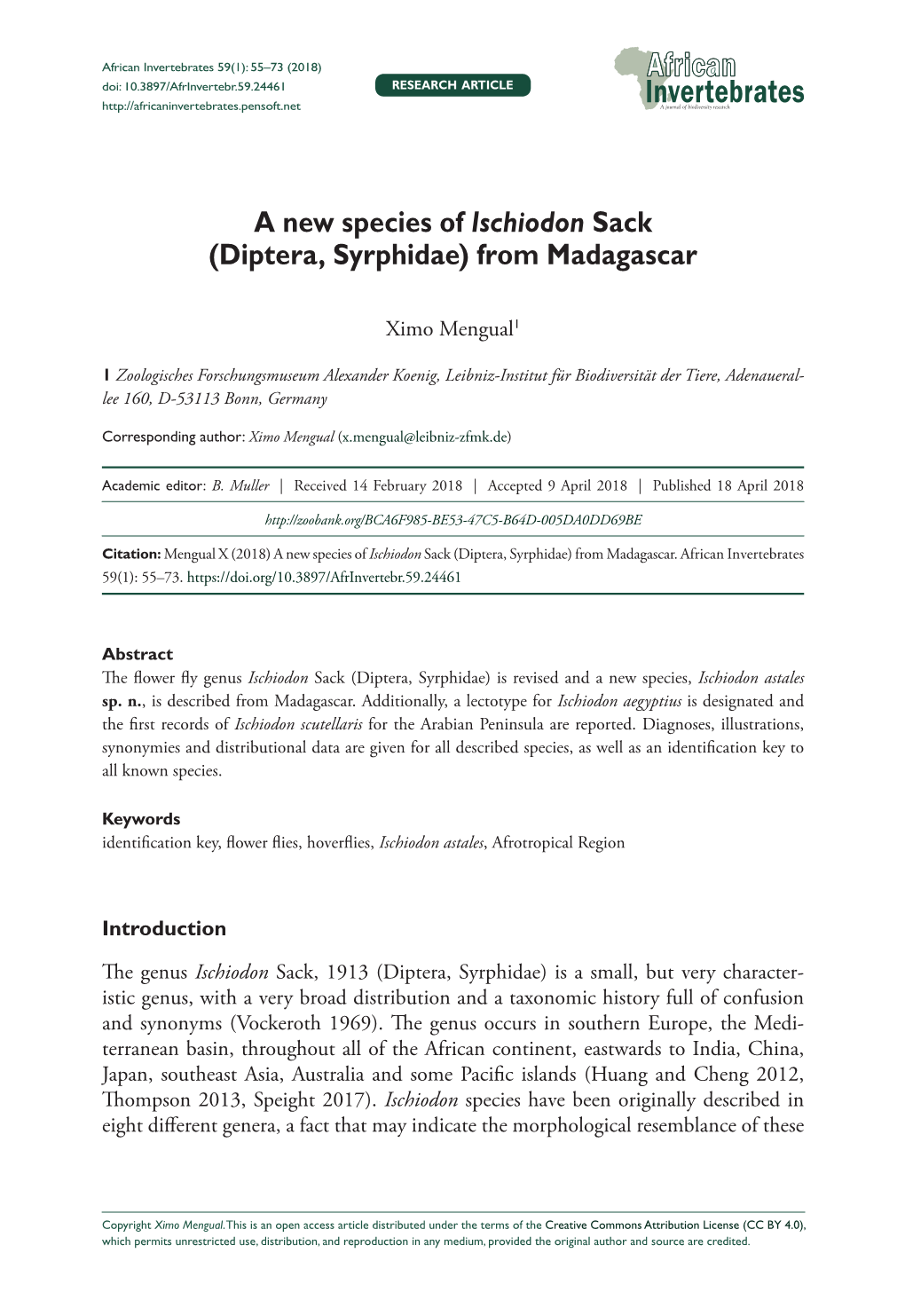 Diptera, Syrphidae) from Madagascar 55 Doi: 10.3897/Afrinvertebr.59.24461 RESEARCH ARTICLE