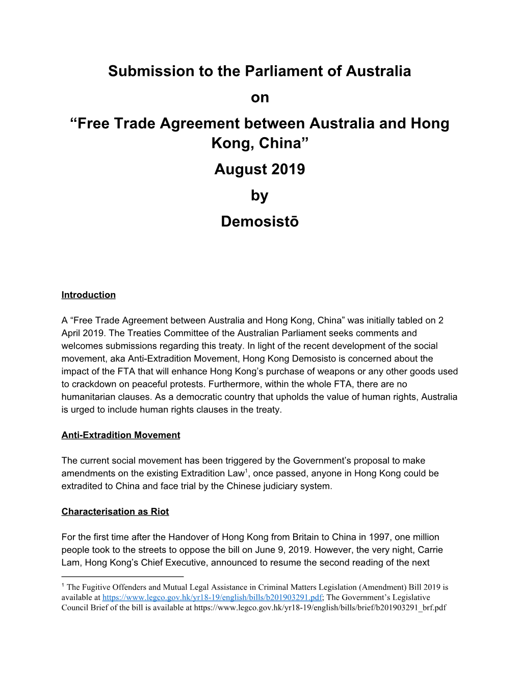 Free Trade Agreement Between Australia and Hong Kong, China” August 2019 by Demosistō