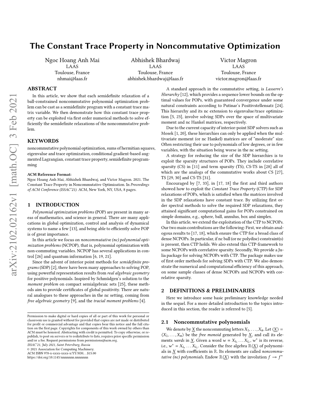 The Constant Trace Property in Noncommutative Optimization ISSAC’21, July 2021, Saint Petersburg, Russia