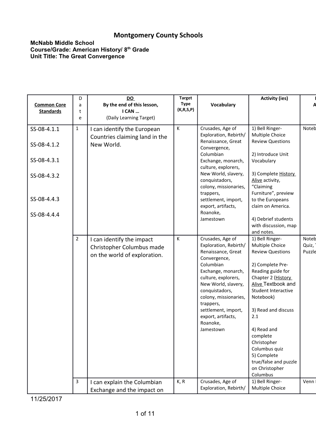 2011 2012 Unit 2 Lesson Plans