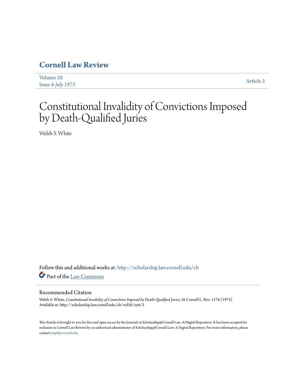 Constitutional Invalidity of Convictions Imposed by Death-Qualified Juries, 58 Cornell L