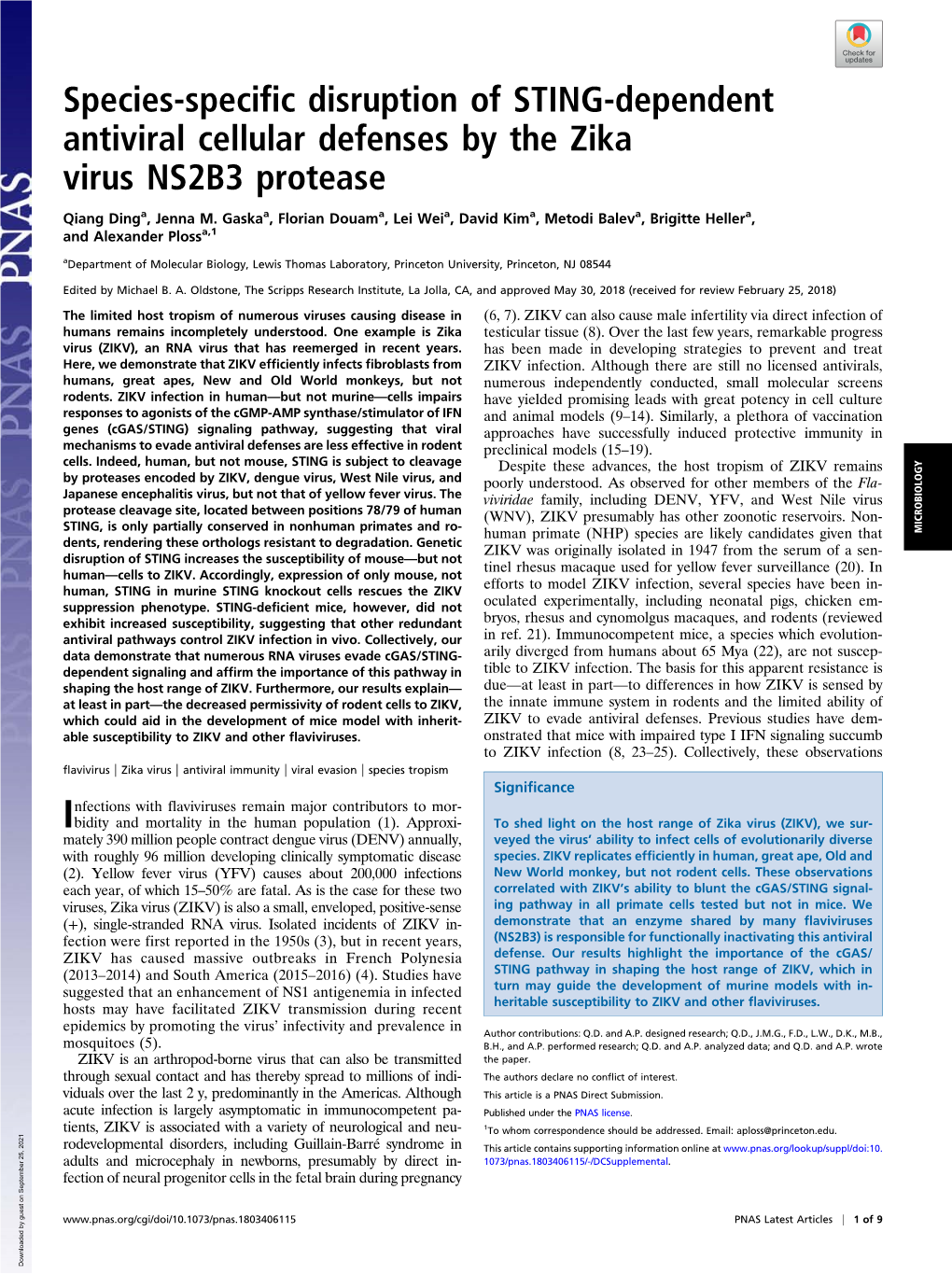 Species-Specific Disruption of STING-Dependent Antiviral Cellular Defenses by the Zika Virus NS2B3 Protease