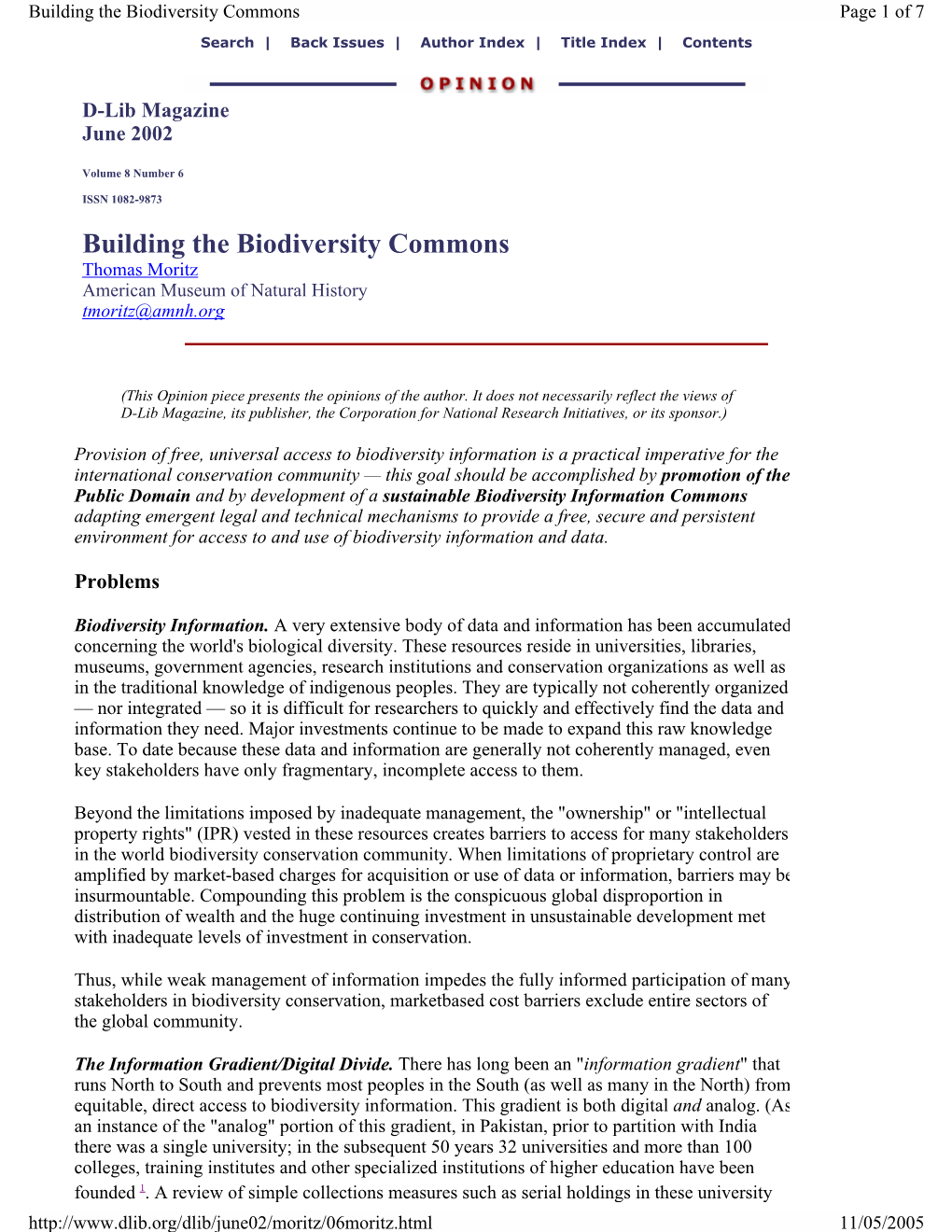 Building the Biodiversity Commons Page 1 of 7 Search | Back Issues | Author Index | Title Index | Contents