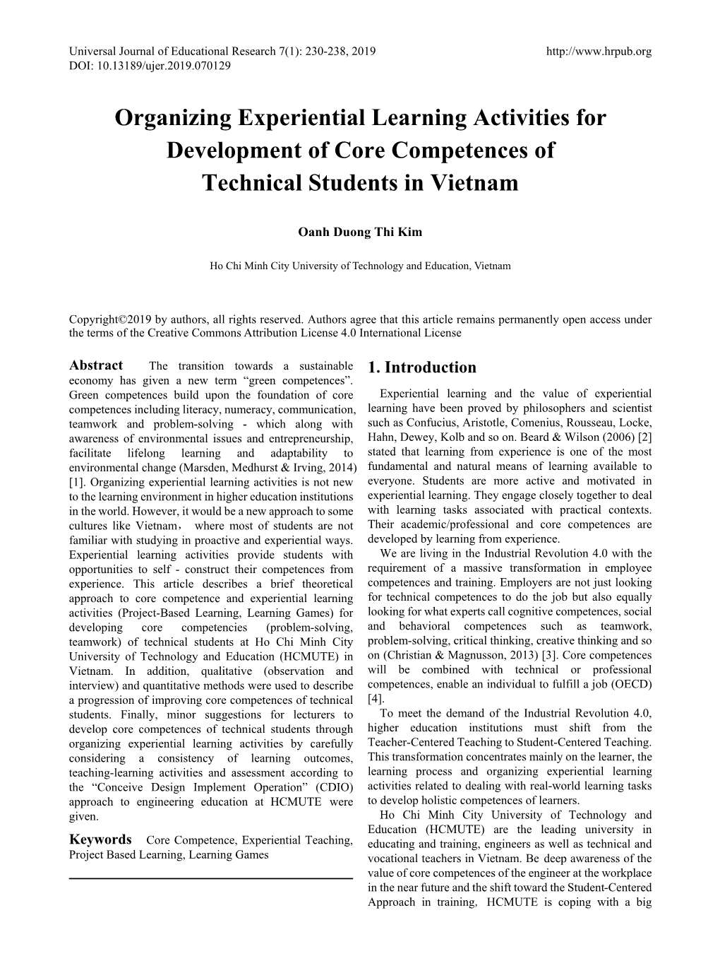 Organizing Experiential Learning Activities for Development of Core Competences of Technical Students in Vietnam