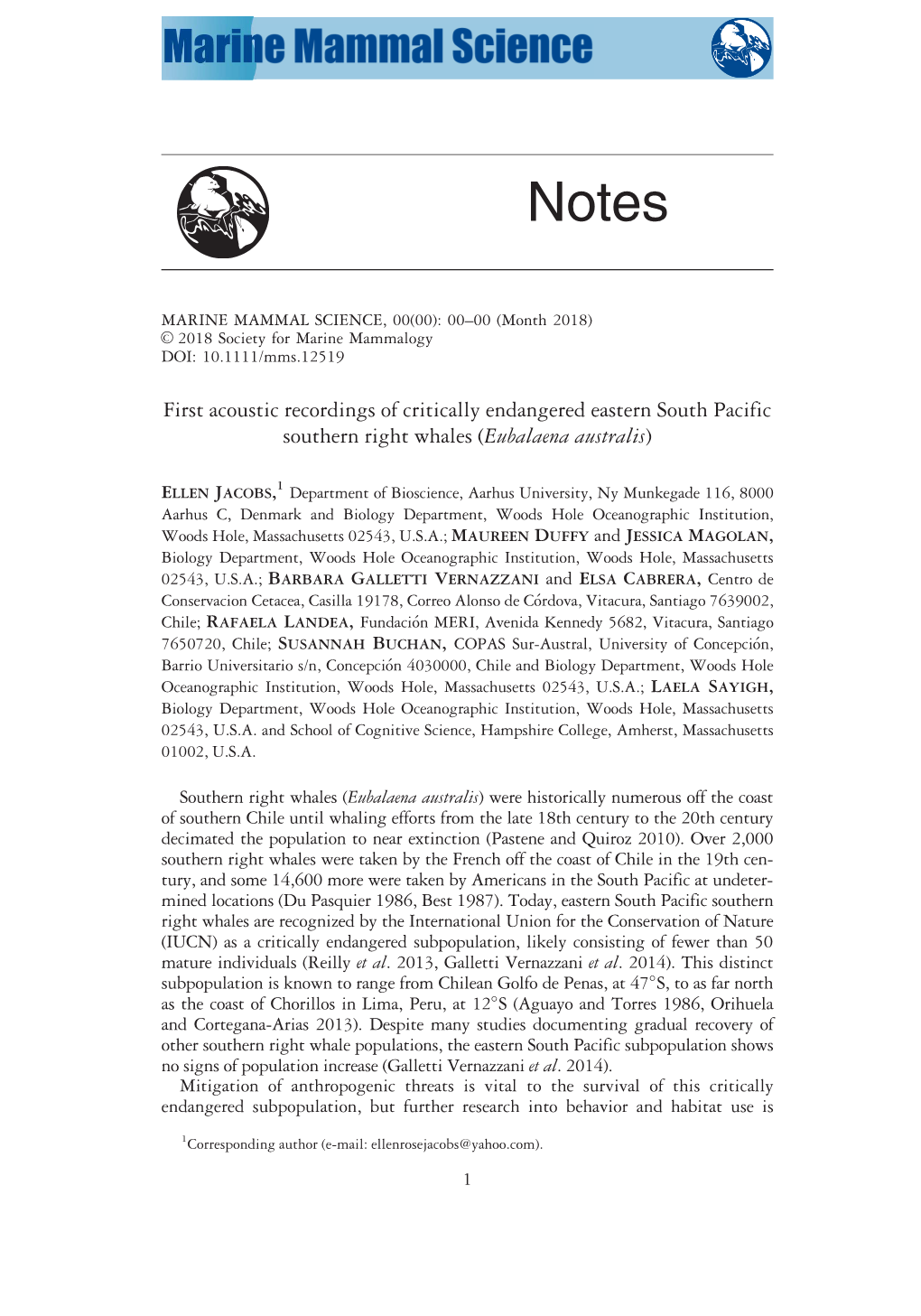 First Acoustic Recordings of Critically Endangered Eastern South Pacific Southern Right Whales (Eubalaena Australis)