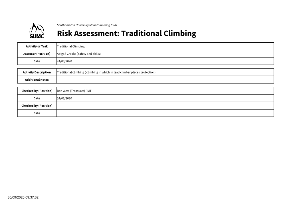 Risk Assessment: Traditional Climbing