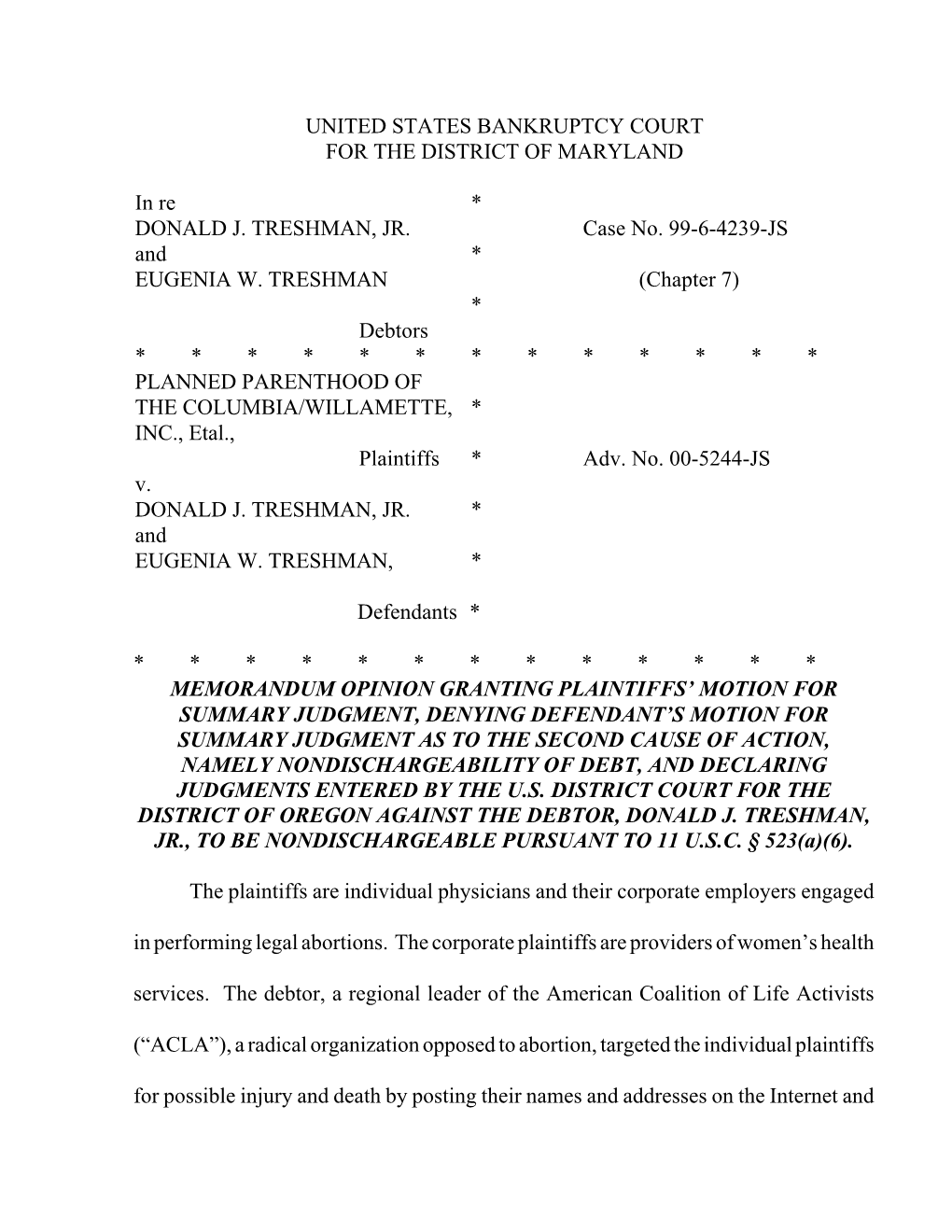 United States Bankruptcy Court for the District of Maryland