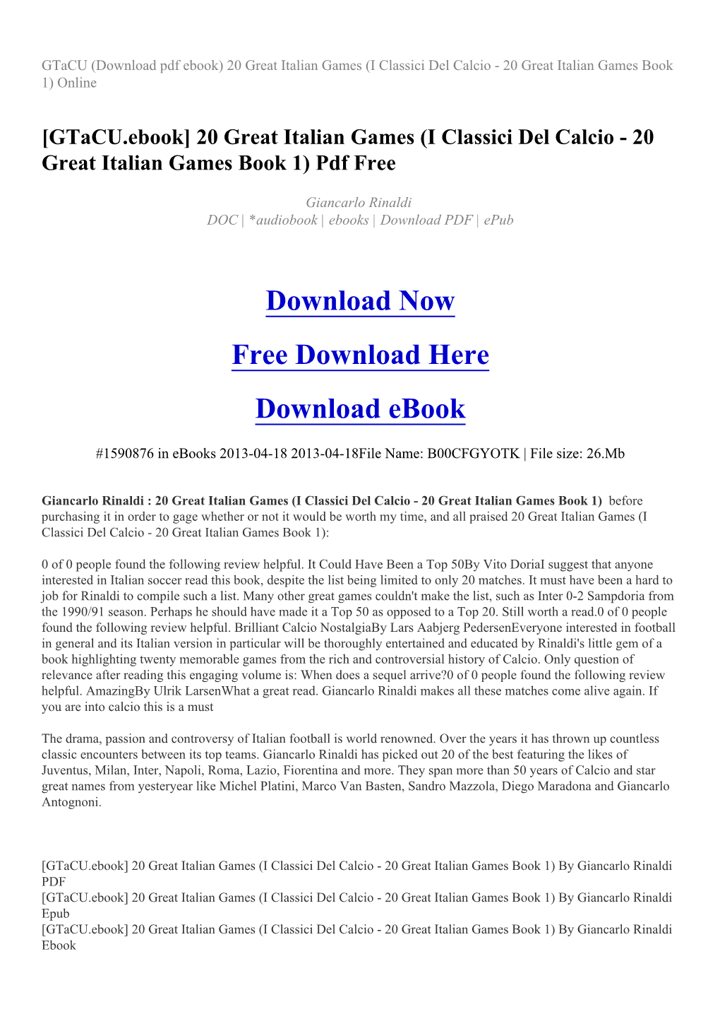 20 Great Italian Games (I Classici Del Calcio - 20 Great Italian Games Book 1) Online