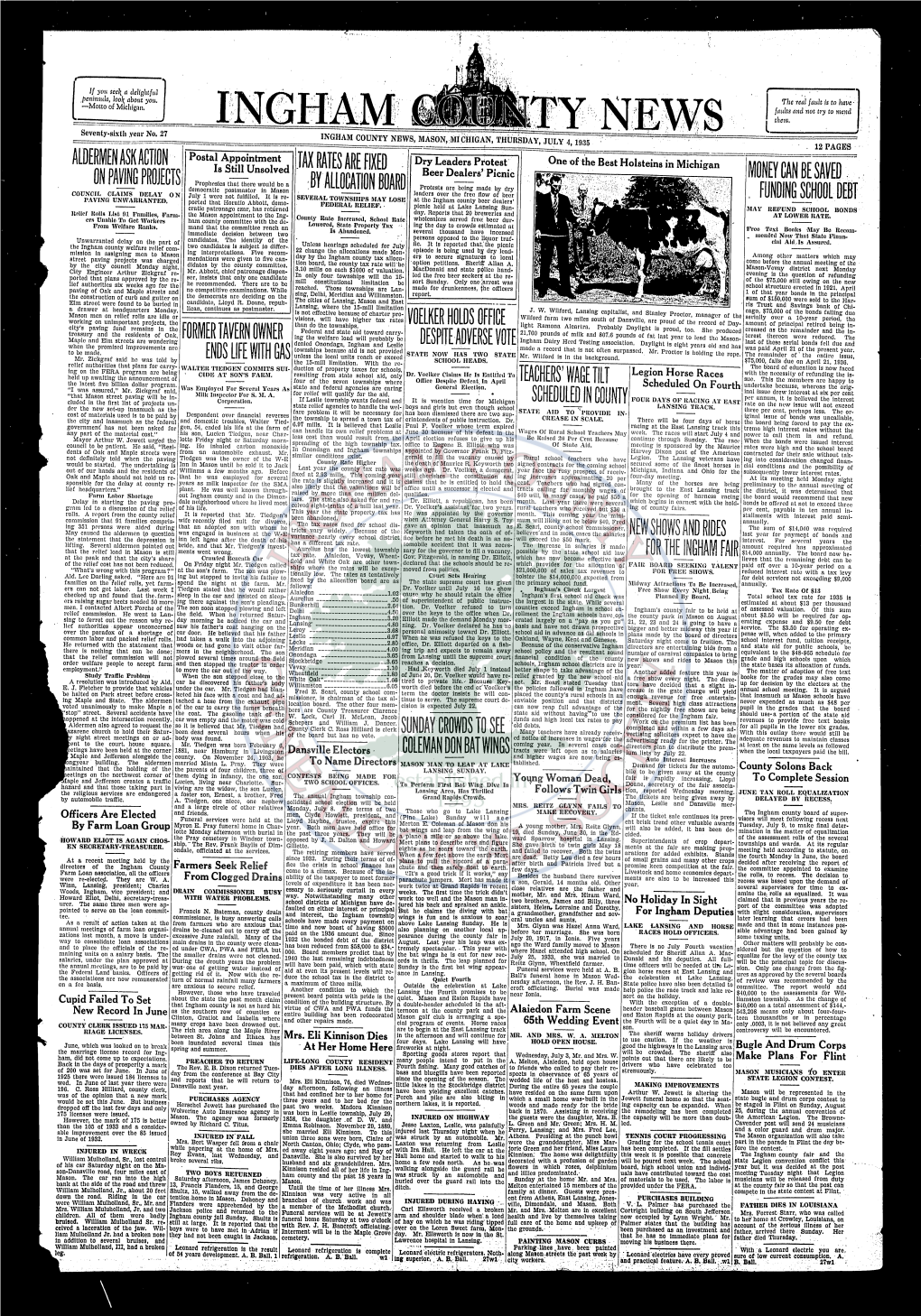 INGHAM COUNTY NEWS, MASON, MICHIGAN, THURSDAY, JULY 4, 1936 Page Five Ondnlo, Opont Sunday with Mr