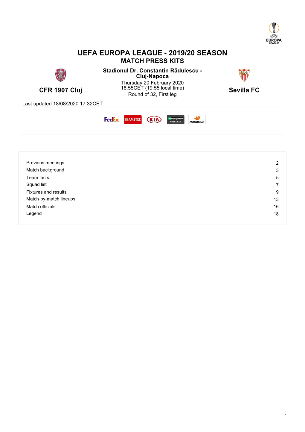 UEFA EUROPA LEAGUE - 2019/20 SEASON MATCH PRESS KITS Stadionul Dr