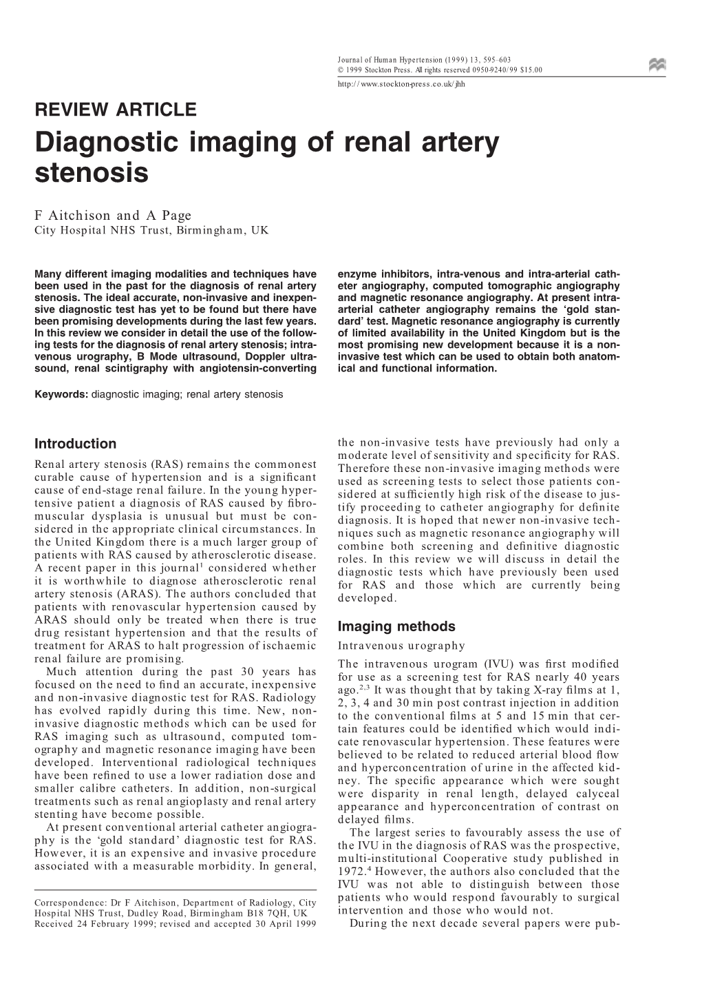 Diagnostic Imaging of Renal Artery Stenosis