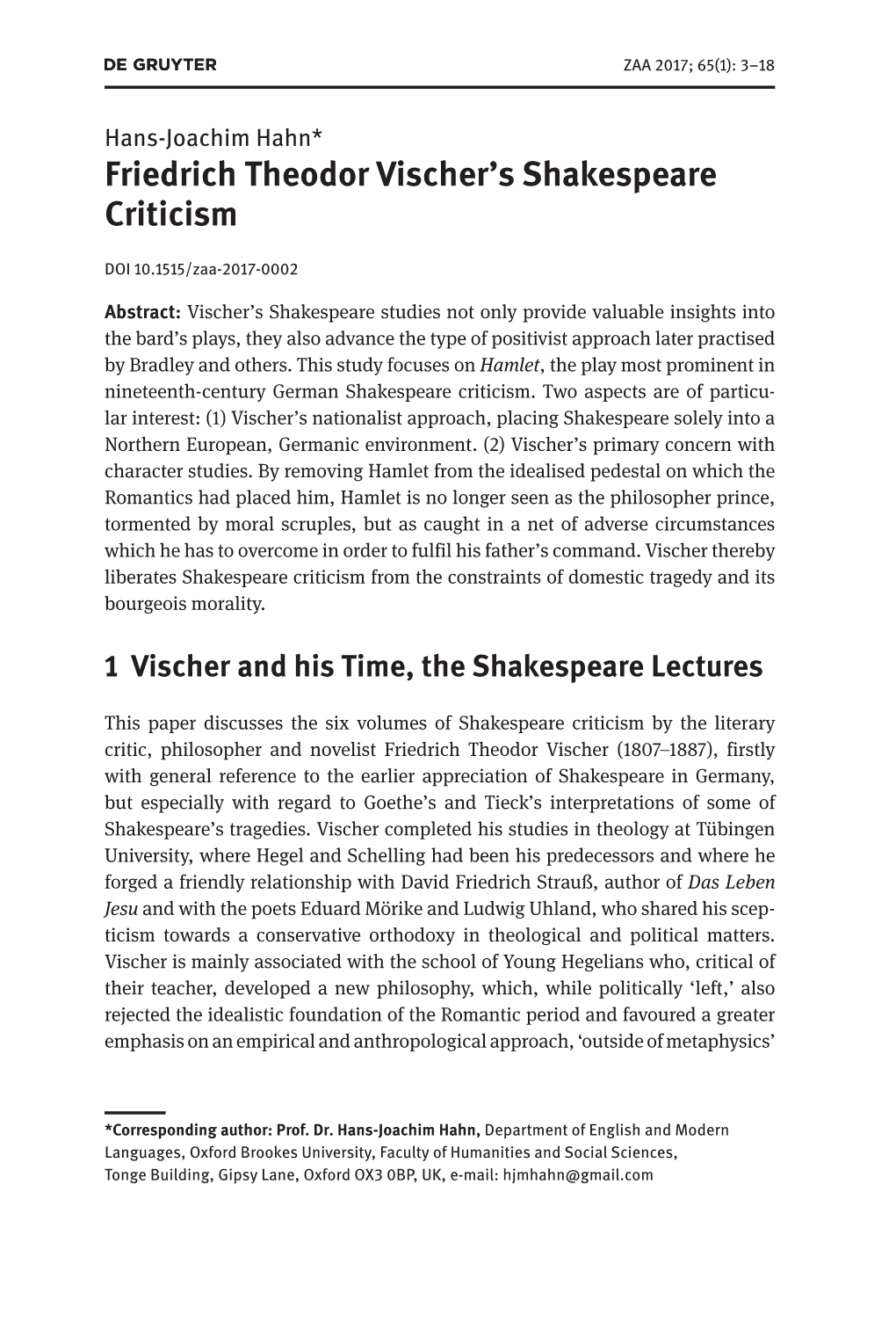 Friedrich Theodor Vischer's Shakespeare Criticism