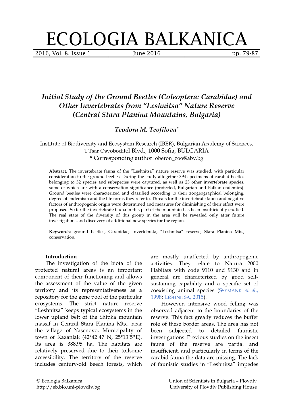 Initial Study of the Ground Beetles (Coleoptera: Carabidae) and Other Invertebrates from “Leshnitsa” Nature Reserve (Central Stara Planina Mountains, Bulgaria)