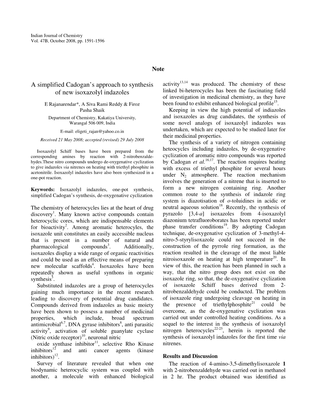 A Simplified Cadogan's Approach to Synthesis of New Isoxazolyl Indazoles