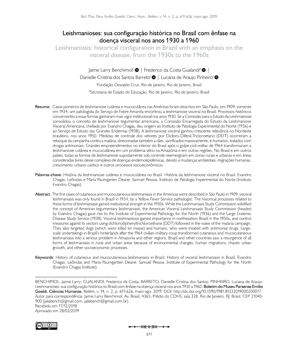 Leishmaniasis: Historical Configuration in Brazil with an Emphasis on the Visceral Disease, from the 1930S to the 1960S