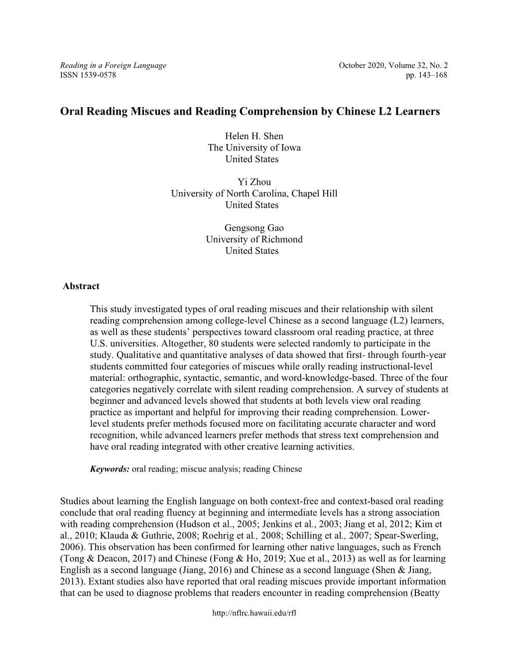 Oral Reading Miscues and Reading Comprehension by Chinese L2 Learners