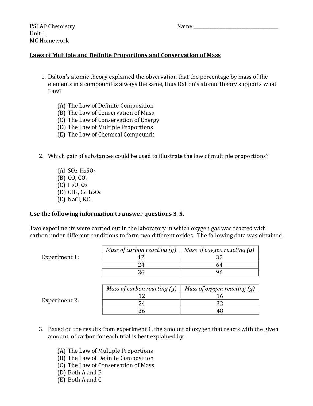 Unit 1 MC Homework Laws of Multiple and Definite Proportions and C