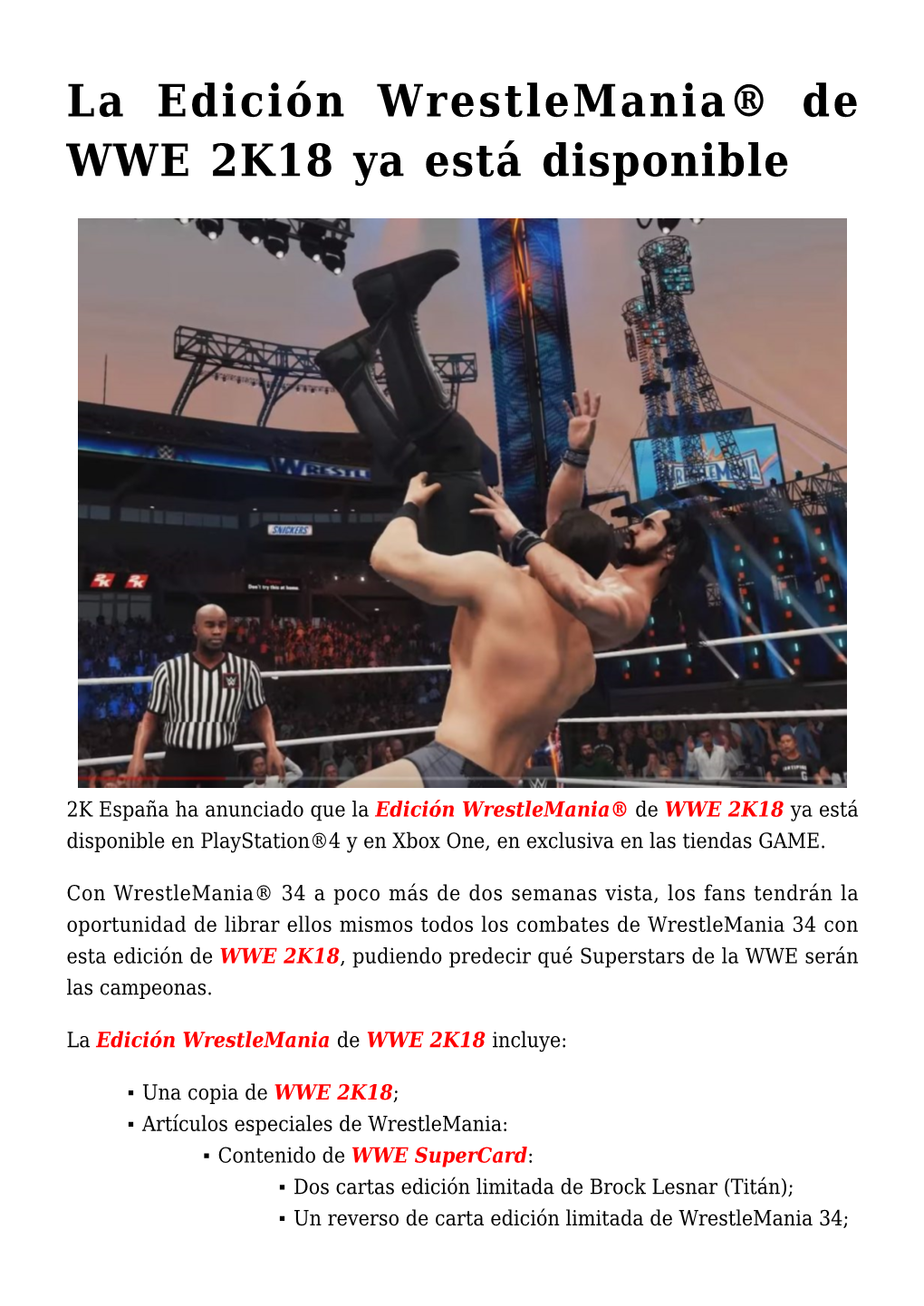 La Edición Wrestlemania® De WWE 2K18 Ya Está Disponible