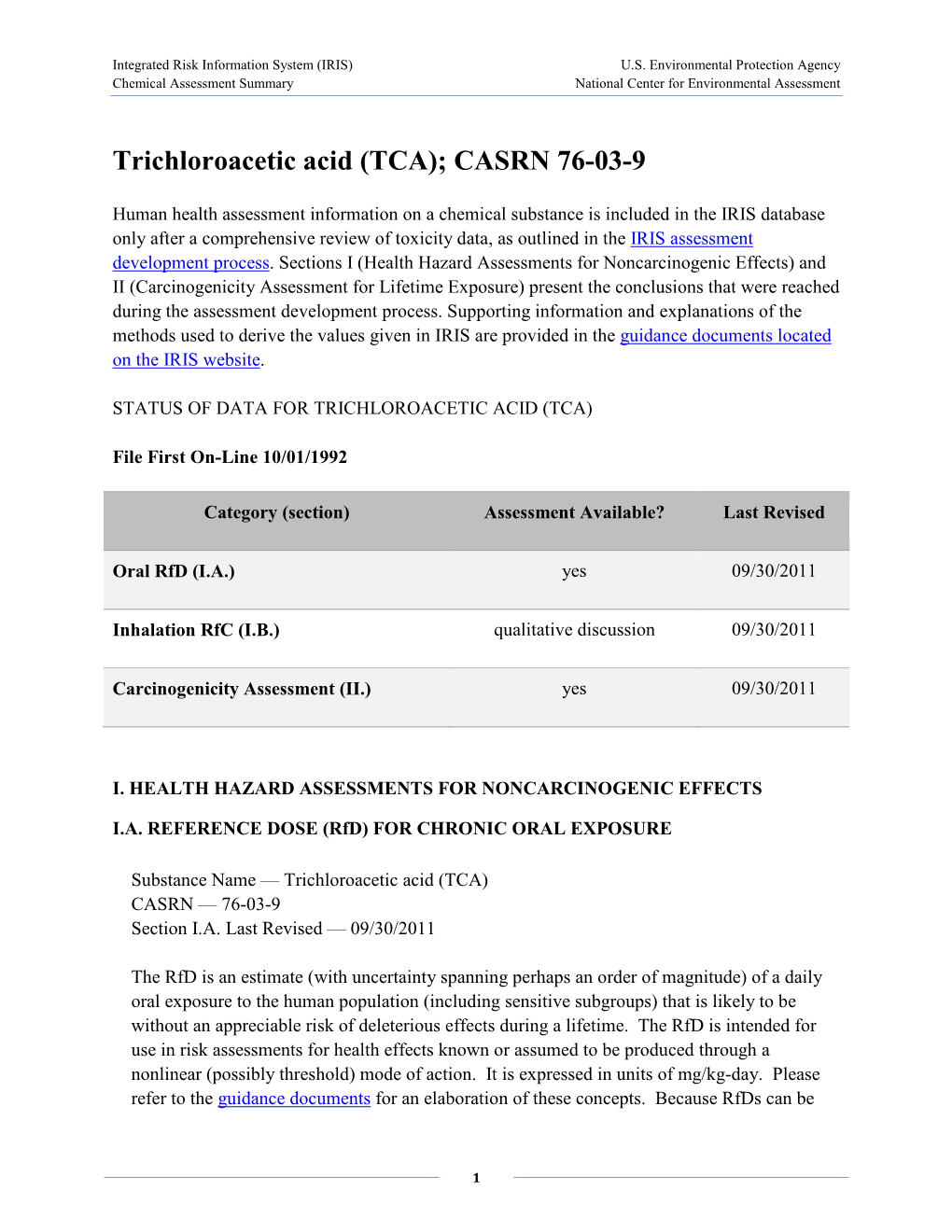 Trichloroacetic Acid (TCA); CASRN 76-03-9 | IRIS | US