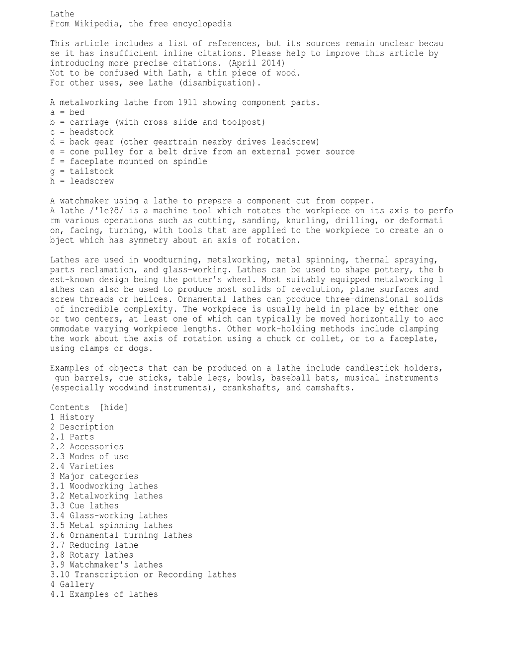 Lathe from Wikipedia, the Free Encyclopedia This Article Includes a List of References, but Its Sources Remain Unclear Becau Se It Has Insufficient Inline Citations