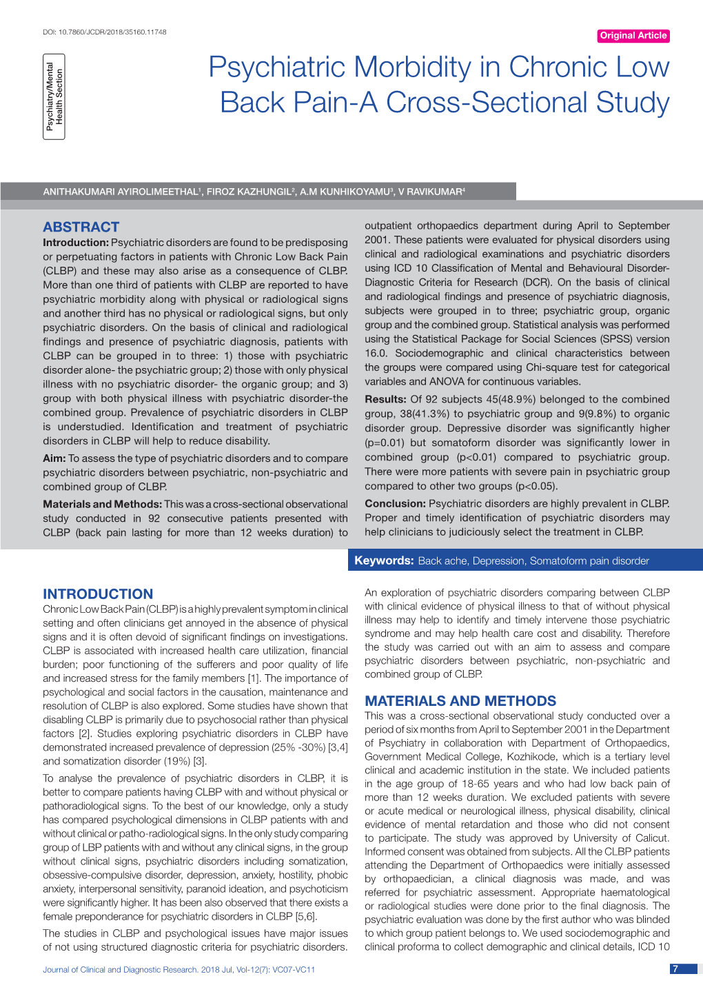 Psychiatric Morbidity in Chronic Low Back Pain-A Cross-Sectional Study