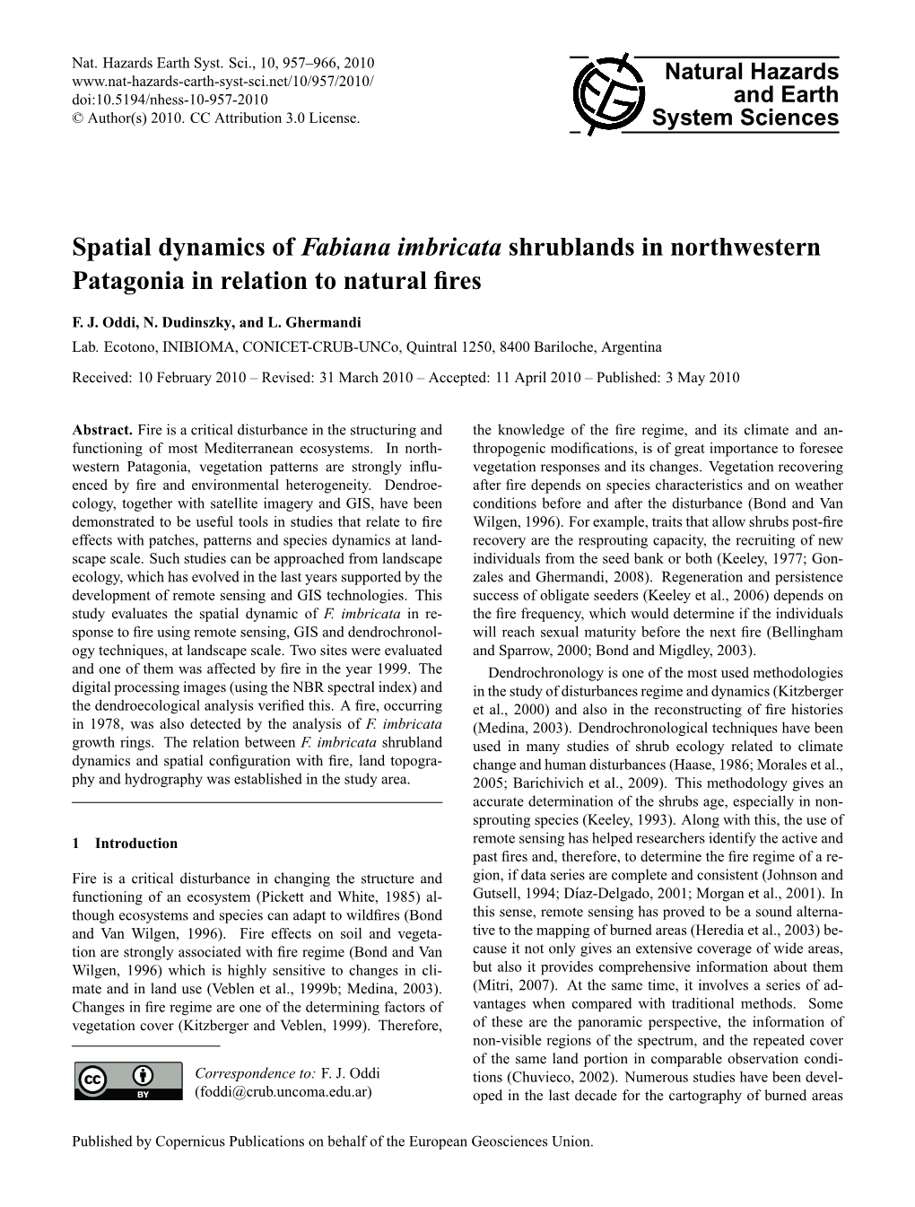 Spatial Dynamics of Fabiana Imbricata Shrublands in Northwestern Patagonia in Relation to Natural ﬁres