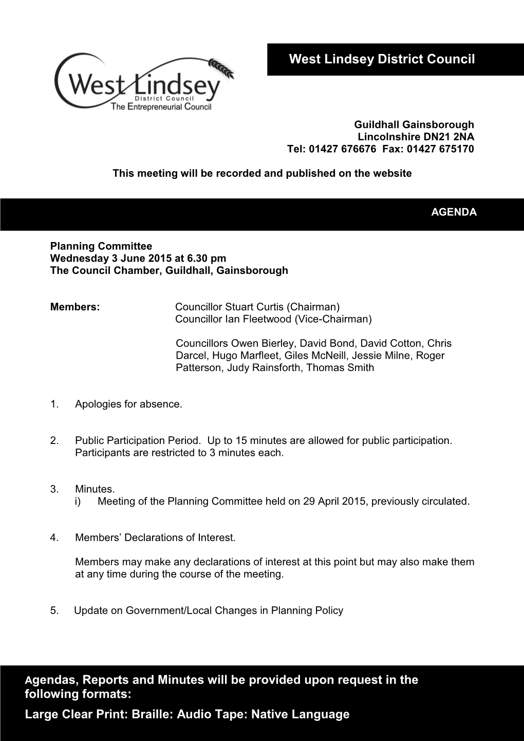 Planning Committee Agenda 3 June 2015