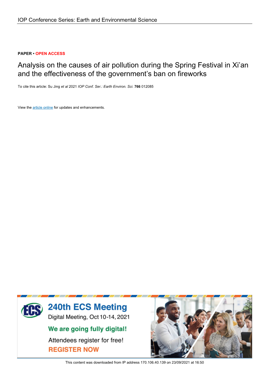 Analysis on the Causes of Air Pollution During the Spring Festival in Xi'an and the Effectiveness of the Government's Ban on Fireworks