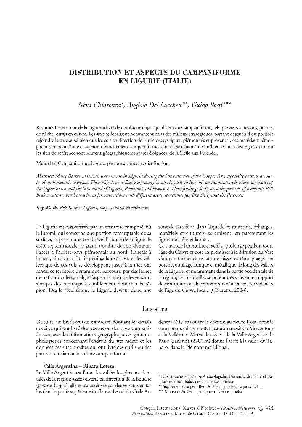 Distribution Et Aspects Du Campaniforme En Ligurie (Italie)