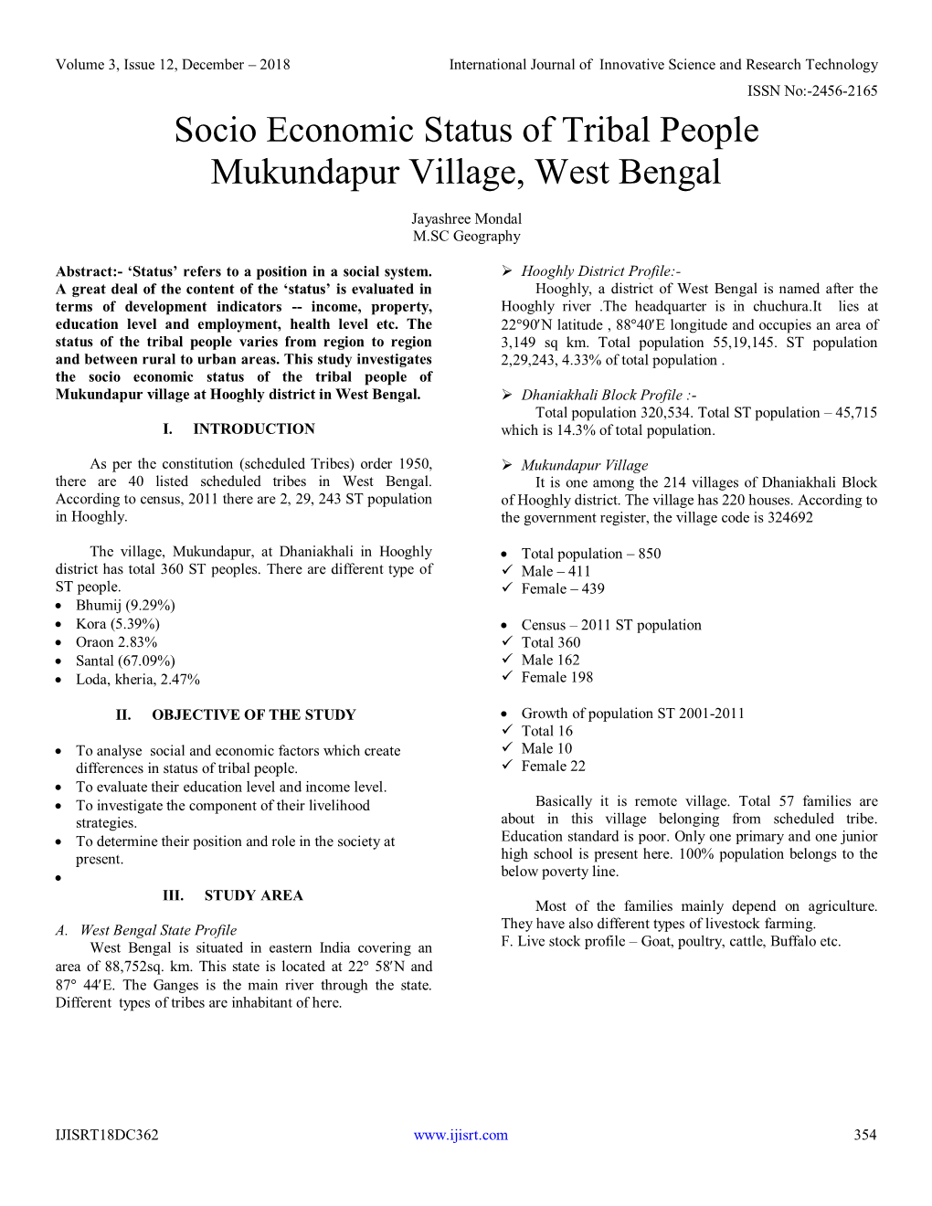 Socio Economic Status of Tribal People Mukundapur Village, West Bengal