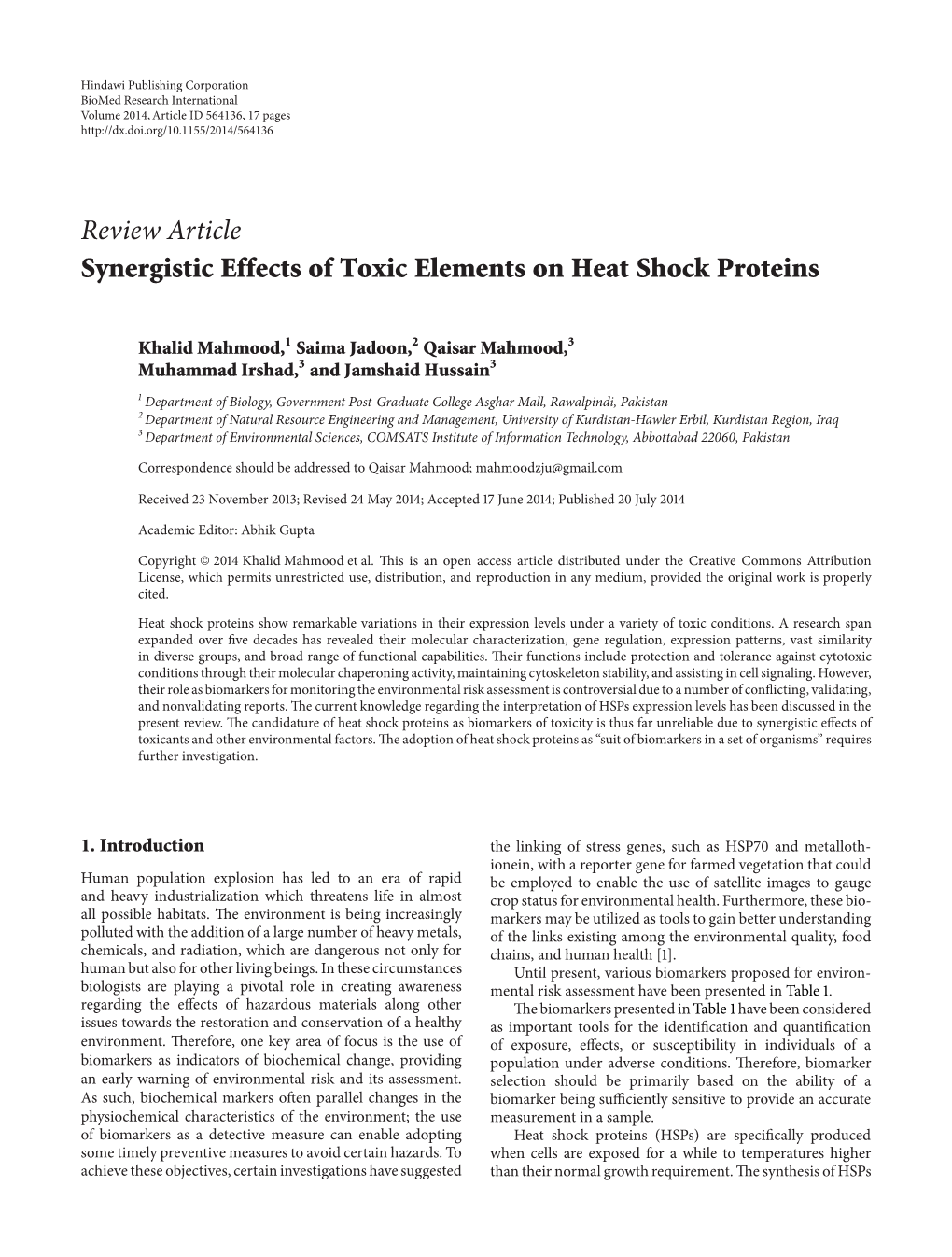 Synergistic Effects of Toxic Elements on Heat Shock Proteins