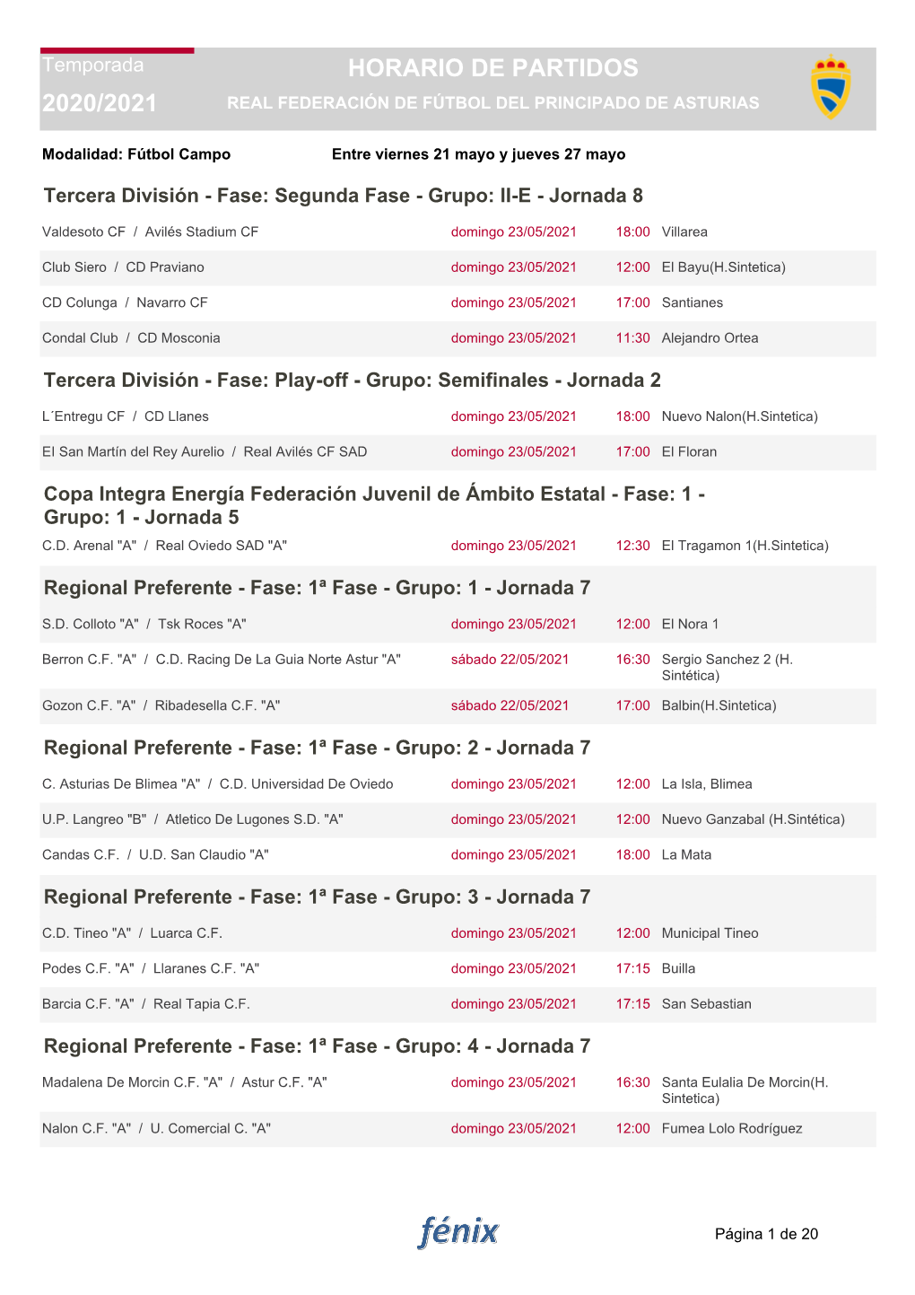 2020/2021 Horario De Partidos