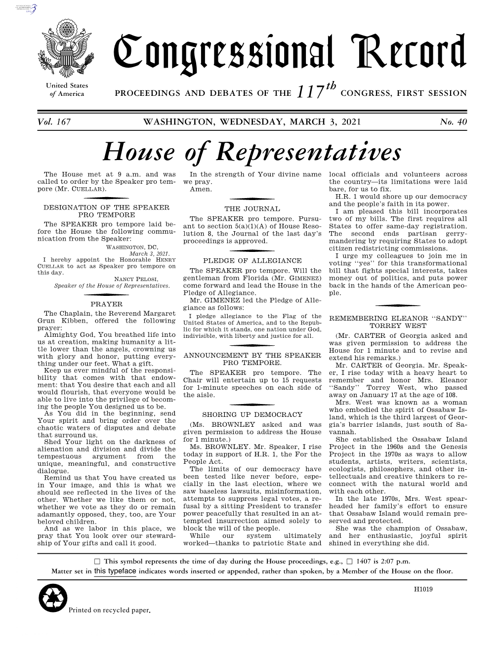 Congressional Record United States Th of America PROCEEDINGS and DEBATES of the 117 CONGRESS, FIRST SESSION