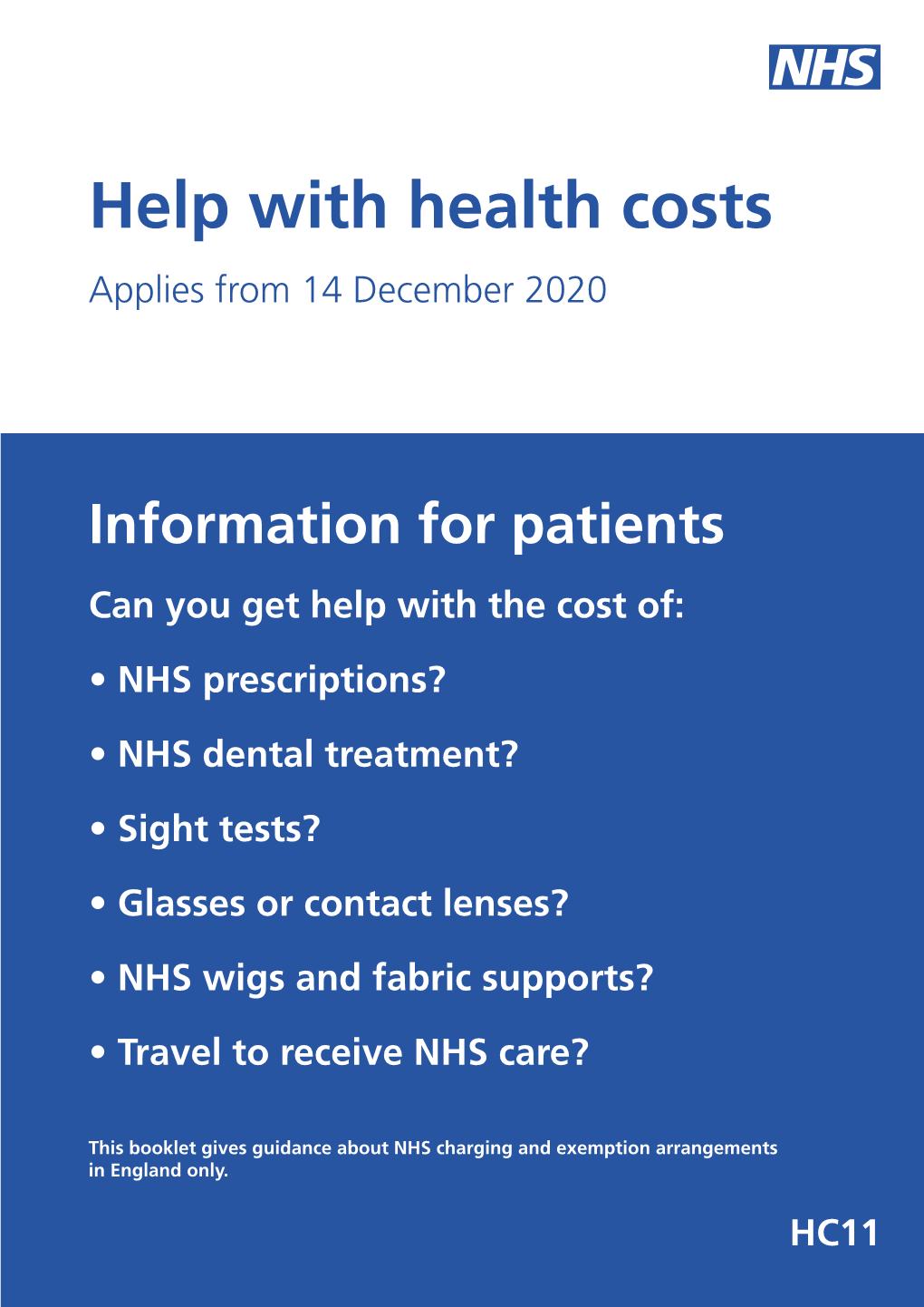 Help with Health Costs Applies from 14 December 2020