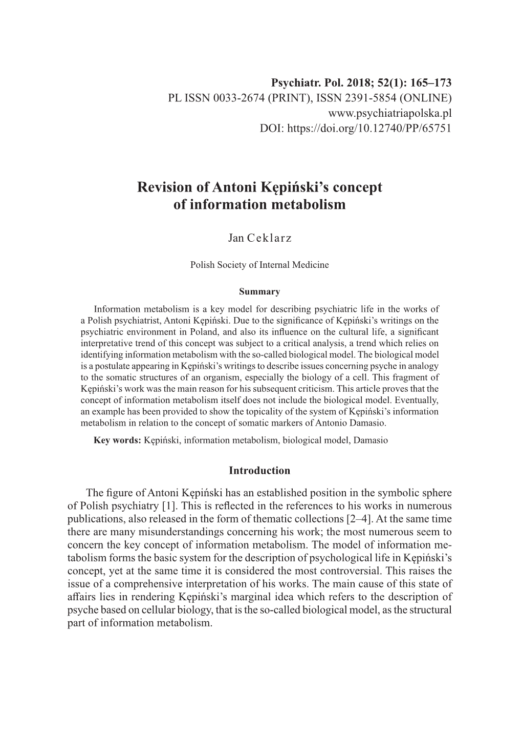 Revision of Antoni Kępiński's Concept of Information Metabolism