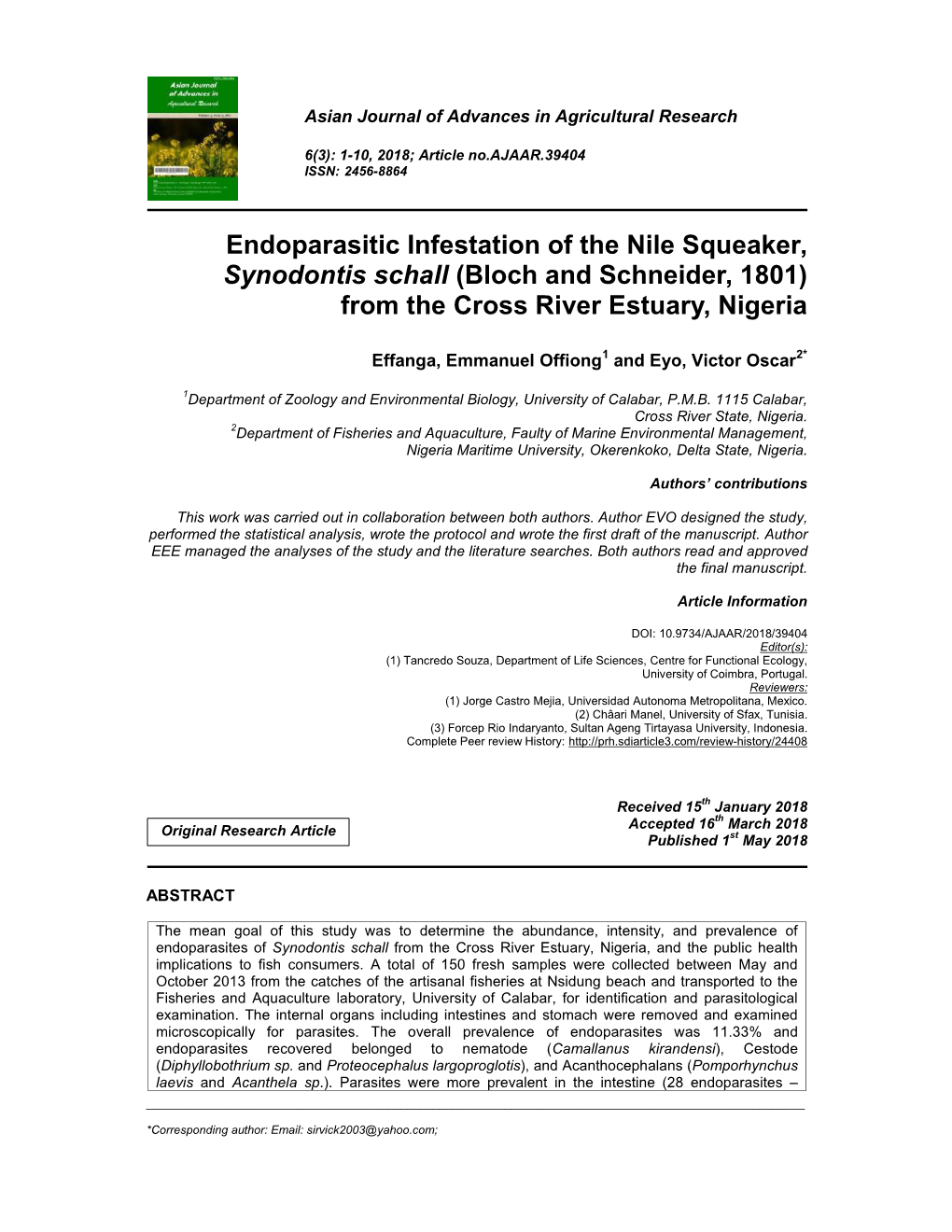 Endoparasitic Infestation of the Nile Squeaker, Synodontis Schall (Bloch and Schneider, 1801) from the Cross River Estuary, Nigeria