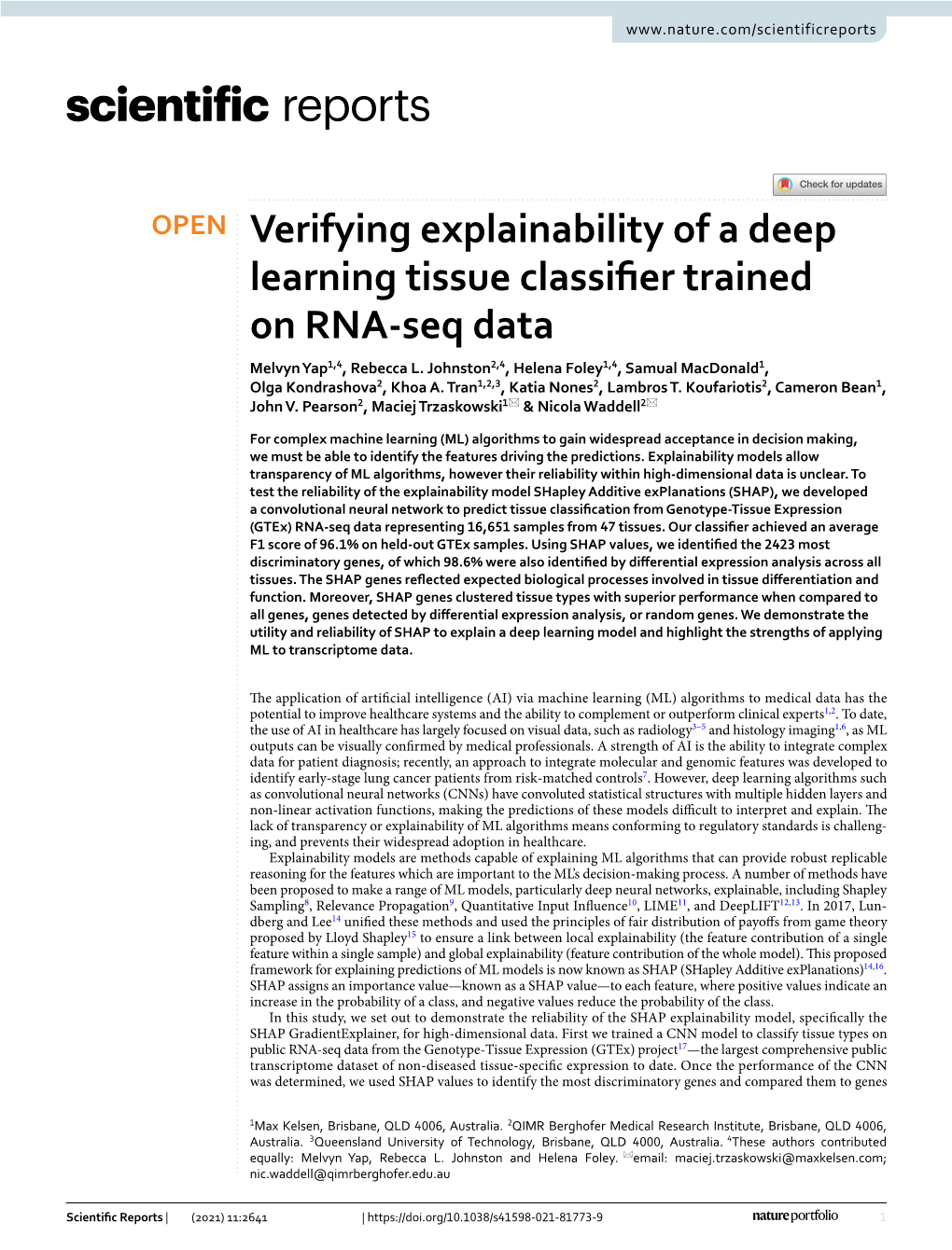 Verifying Explainability of a Deep Learning Tissue Classifier Trained on RNA-Seq Data