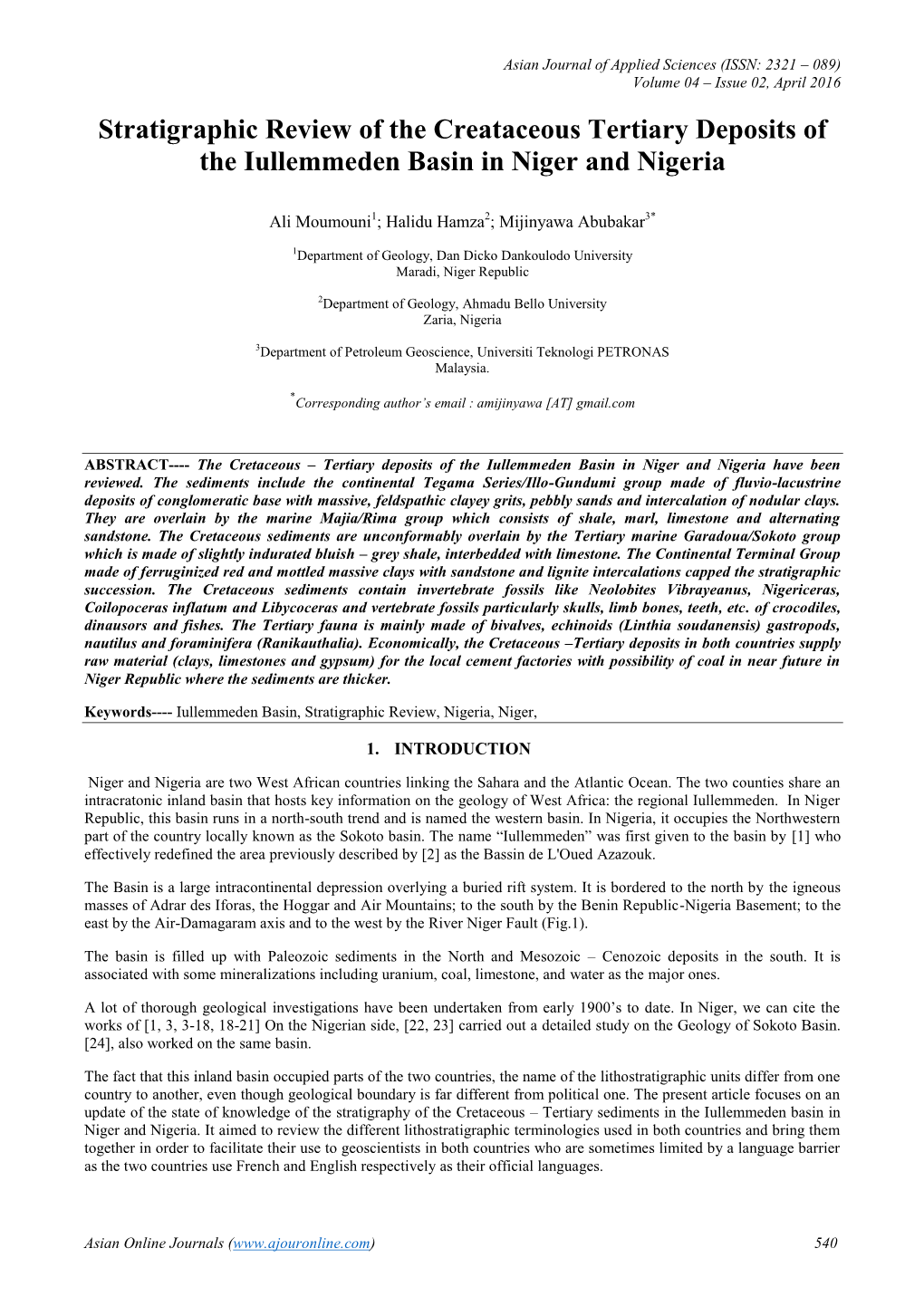 Stratigraphic Review of the Creataceous Tertiary Deposits of the Iullemmeden Basin in Niger and Nigeria