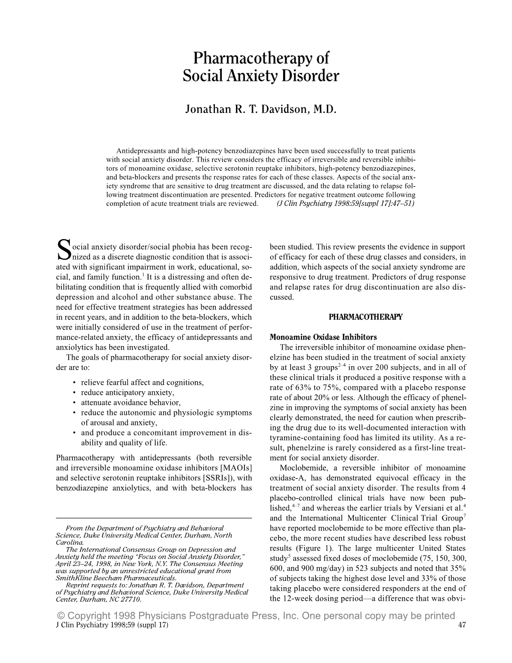 Pharmacotherapy of Social Anxiety Disorder