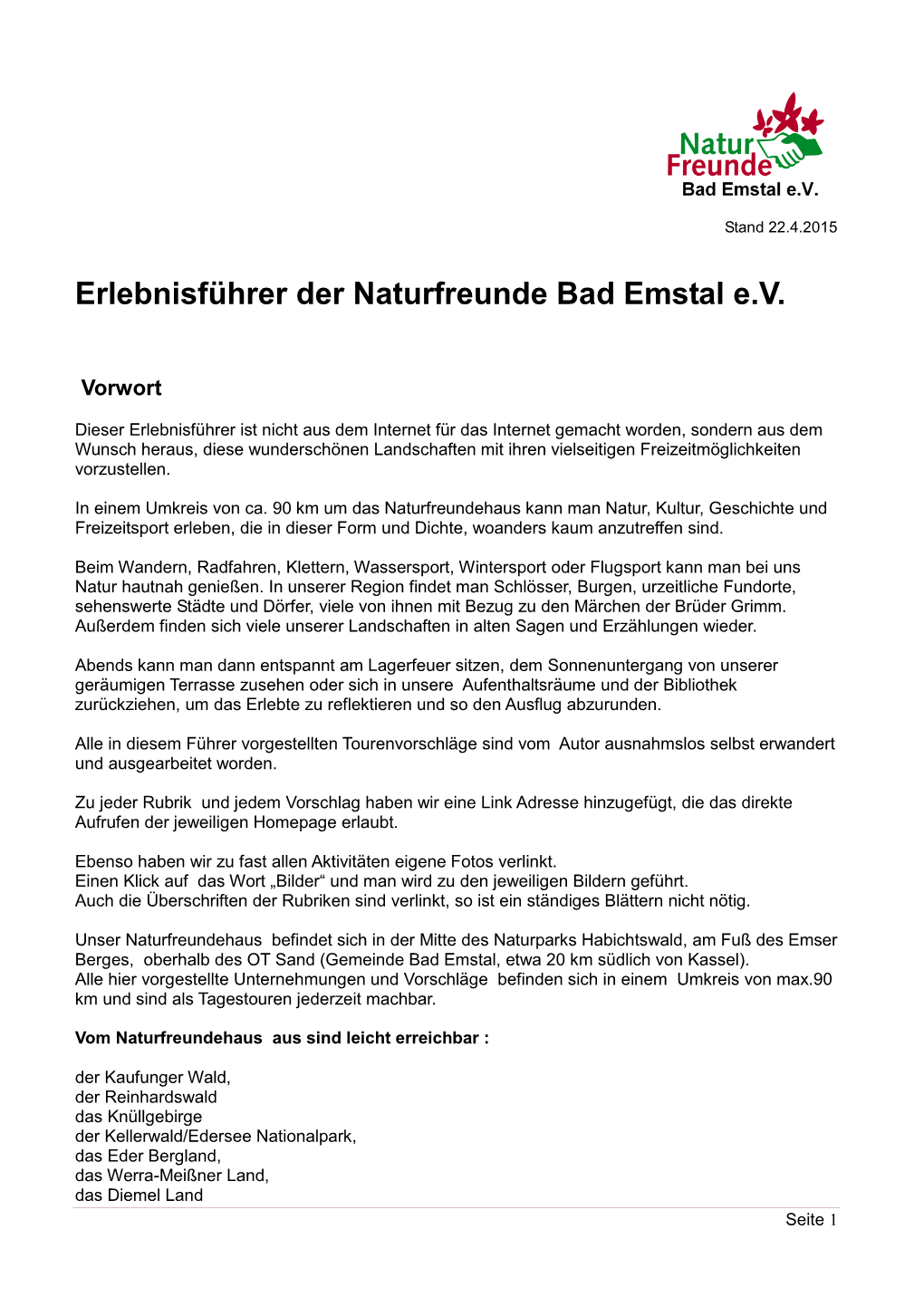 Erlebnisführer Der Naturfreunde Bad Emstal E.V